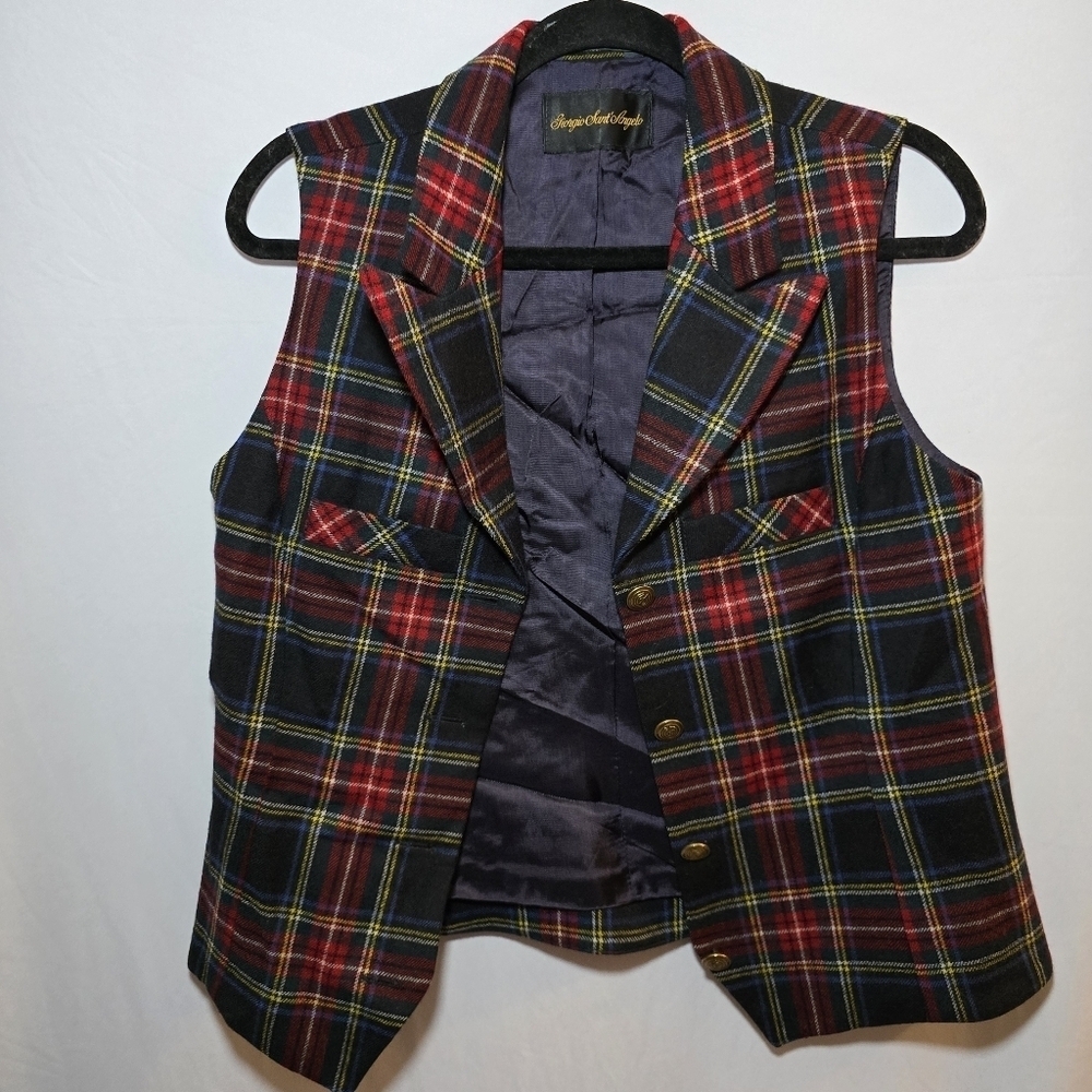 Vintage Giorgio Sant'Angelo New Wool Red Holiday Plaid Vest Gold Tone Button, S